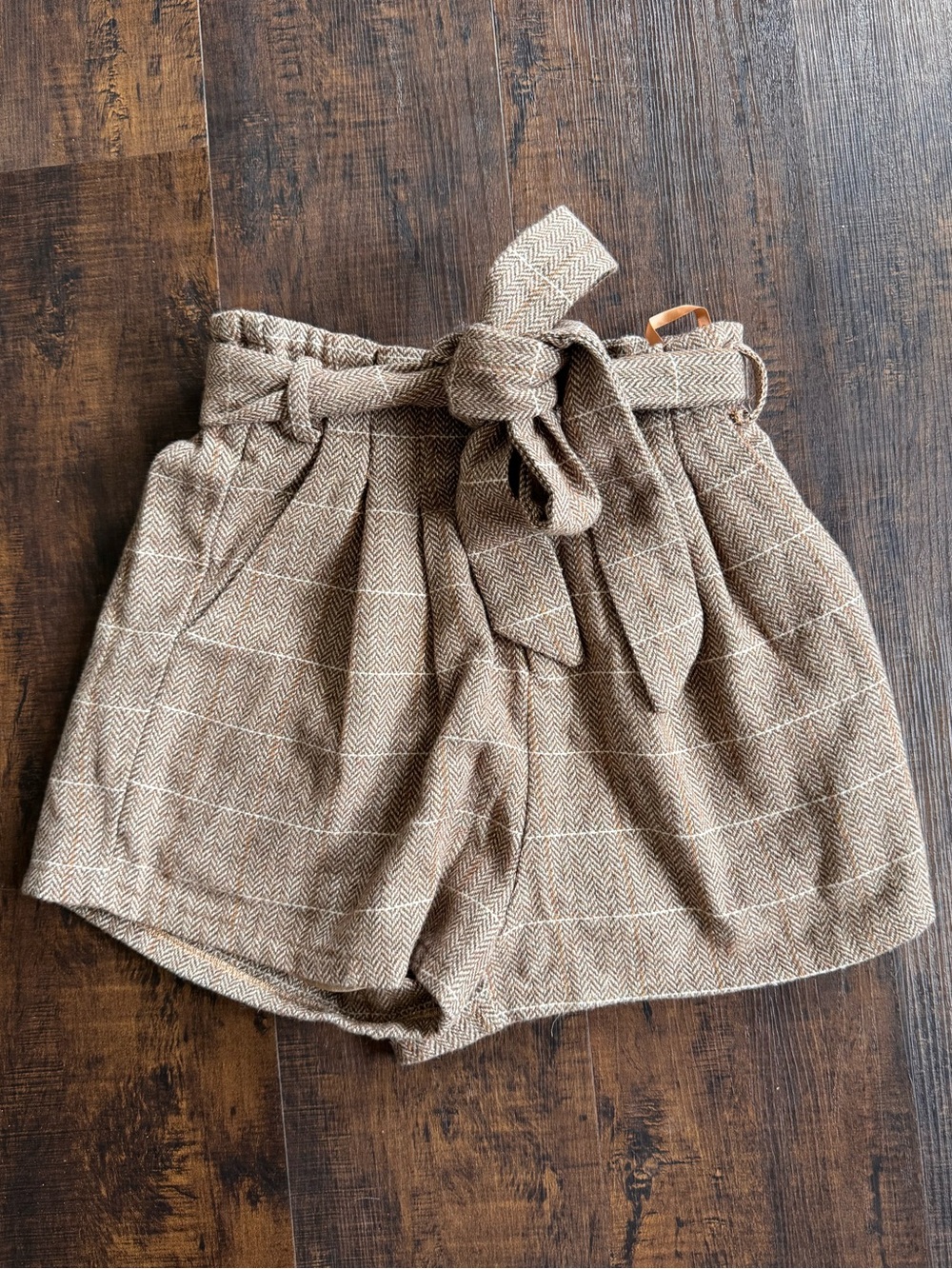 She + Sky Beige Plaid High-Waist Paperbag Shorts